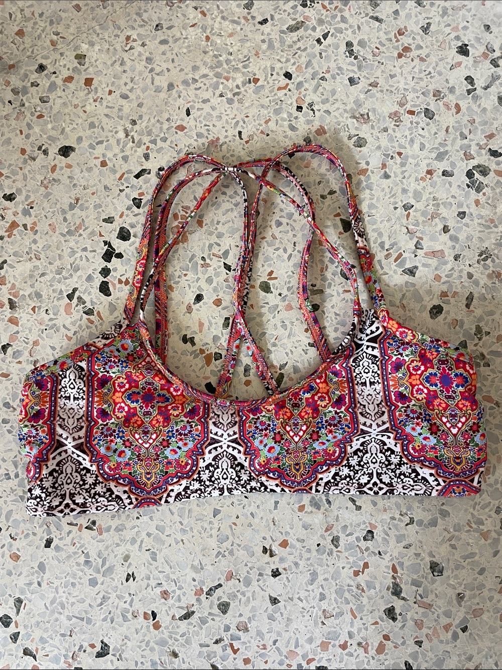 Colorful Floral Mosaic Strappy Bralette Bikini Top- Multicolor